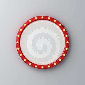 Retro round signage or blank shining signboard with glowing yellow neon light bulbs on white grey wall background