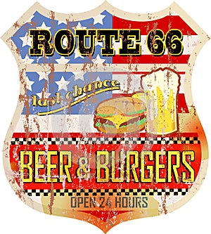 Retro route 66 metal diner sign