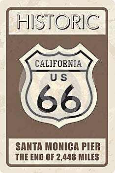 Retro route 66 sign. Historic roud banner. Travel California, US