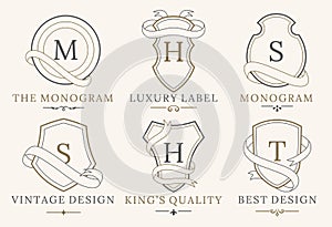 Retro Royal Vintage Shields Logotype set. Vector calligraphyc Luxury logo design elements. Business signs, logos