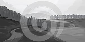 Retro rural landscapes. Set in rural landscapes painted black lines. Vector illustration