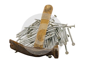 Retro rusty hammer nails pile isolated