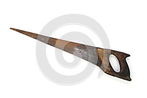 Retro rusty hand saw tool isolated on white background