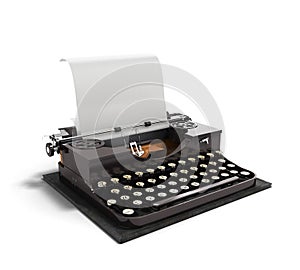 Retro rusty typewriter with paper sheet 3d render isolated on white background