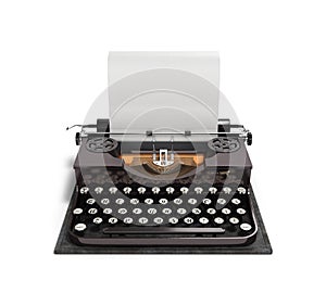 Retro rusty typewriter with paper sheet 3d render isolated on white background