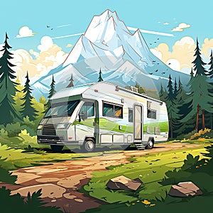 Retro RV in a Flat Mountain Background