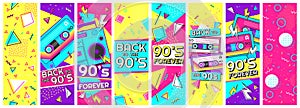 Retro 90s banner. Nineties forever, back to the 90s and pop memphis background banners vector illustration set photo