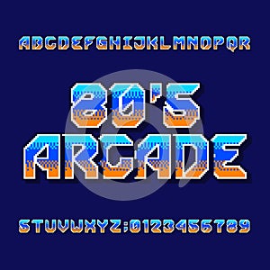 Retro 80s computer game alphabet font. Digital pixel gradient letters and numbers.