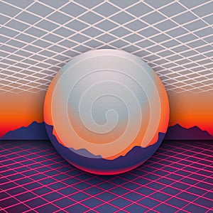 Sunset, mountains on the horizon and chrome globe between laser grids at front photo