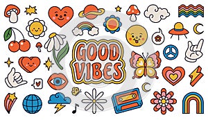 Retro 70s groovy elements, cute funky hippy stickers. Cartoon daisy flowers, mushrooms, peace sign, heart, rainbow photo