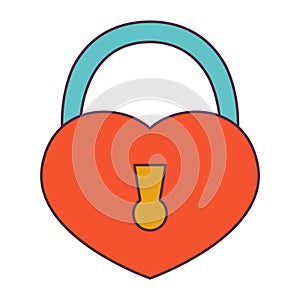 Retro 70s Groovy Hippie sticker lock heart. Psychedelic cartoon element -funky illustration in vintage hippy style