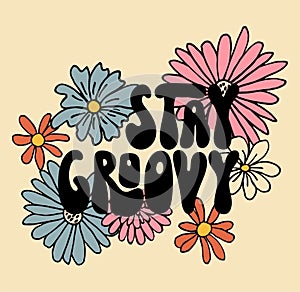 Retro 70s hippie flowers illustratoin. Psychedelic groovy style cute summer floral print