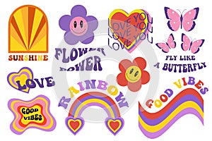 Retro 70s, hippie sticker objects set, psychedelic trippy groovy elements for t-shirts. Cartoon funky vintage hippy