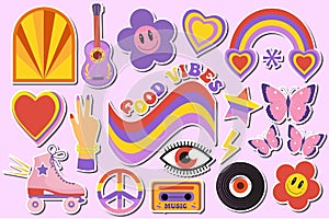 Retro 70s, hippie sticker objects set, psychedelic trippy groovy elements for t-shirts. Cartoon funky vintage hippy