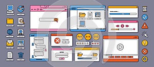 Retro 90s interface elements. Vaporwave old user desktop with aesthetic computer UI icons and objects. Digital PC