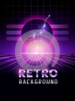 Retro 1980`s neon horizon background