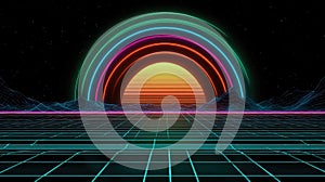 Retro 80s neon synthwave sunset grid landscape