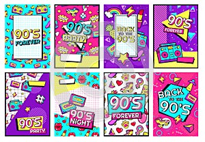 Retro 90s poster. Nineties forever, funky 1990s music night party posters and pop flyer card vector set photo