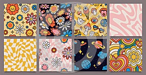 Retro 70s psychedelic seamless patterns, groovy hippie backgrounds. Cartoon funky print with flowers and mushrooms