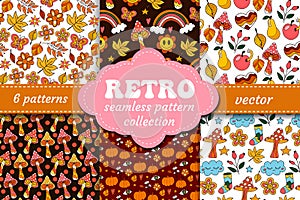 Retro 70s psychedelic seamless patterns set, groovy hippie backgrounds. Cartoon funky print with flowers and mushrooms