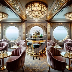 A retro 1920s-style cruise ship lounge, Ai generated image