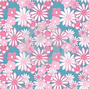Retro 60s style pattern. Pink and red hand painted daisy flowers on pale blue background. Bohemian vintage print. Flower power