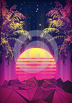 Retro 80s Style Tropical Sunset with Palm Tree. photo