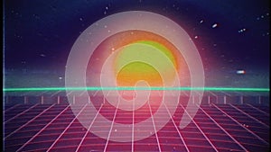 Retro 80s VHS tape video game intro on grid with sunrise and stars with glitches photo