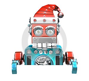 Retro Santa Robot looking out from behind the blank board. over white. Contains clipping path