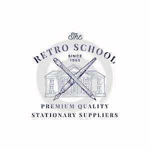 The Retro School Suppliers Abstract Vector Sign, Symbol or Logo Template. Knowledge Building with Crossed Pen and Pencil