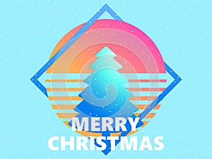 Retro sci-fi 80s Christmas tree at sunset. Retro futuristic sun with fir trees. Merry Christmas greeting card in synthwave and