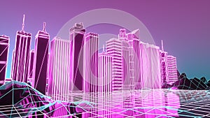 Retro Sci-Fi Background with Futuristic City. Suitable for any design in 1980s style. 3d illustration