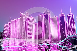 Retro Sci-Fi Background with Futuristic City. Suitable for any design in 1980s style. 3d illustration