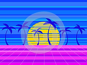 Retro sci-fi background with retro sun, palm trees and 80s style perspective grid. Futuristic sunset with palm trees. Synthwave