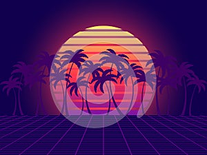 Retro sci-fi background with retro sun, palm trees and 80s style perspective grid. Futuristic sunset with palm trees. Synthwave