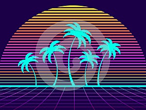 Retro sci-fi background with retro sun, palm trees and 80s style perspective grid. Futuristic sunset with palm trees. Synthwave