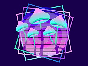 Retro sci-fi bioluminescent mushrooms from the 80s at sunset in a square frame. Futuristic fluorescent glowing mushrooms on a long