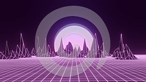 Retro sci-fi landscape of mountains. Futuristic polygonal background in style 80s and 90s. Technology perspective glowing grid