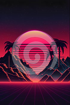Retro Sci-Fi Landscape with Palm Trees and Sunset. Vector Illustration