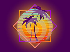 Retro sci-fi palm trees from the 80s at sunset in a square frame. Retro futuristic sun with palm trees. Synthwave and Retrowave