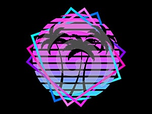 Retro sci-fi palm trees from the 80s at sunset in a square frame. Retro futuristic sun with palm trees. Synthwave and Retrowave