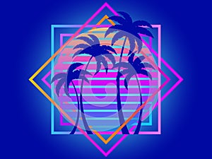 Retro sci-fi palm trees from the 80s at sunset in a square frame. Retro futuristic sun with palm trees. Synthwave and Retrowave