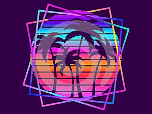 Retro sci-fi palm trees from the 80s at sunset in a square frame. Retro futuristic sun with palm trees. Synthwave and Retrowave