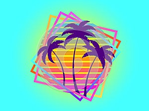 Retro sci-fi palm trees from the 80s at sunset in a square frame. Retro futuristic sun with palm trees. Synthwave and Retrowave