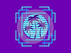 Retro sci-fi palm trees from the 80s at sunset in a square frame. Retro futuristic sun with palm trees. Synthwave and Retrowave