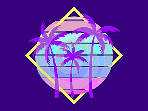 Retro sci-fi palm trees from the 80s at sunset in a square frame. Retro futuristic sun with palm trees. Synthwave and Retrowave