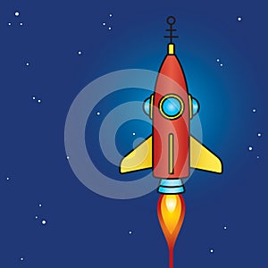 Retro science fiction rocket design in outer space.