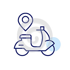 Retro scooter and map pointer. Rental location. Urban transportation. Pixel perfect, editable stroke icon