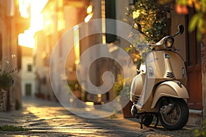 Retro scooter parked on the street in an old town Ai photo