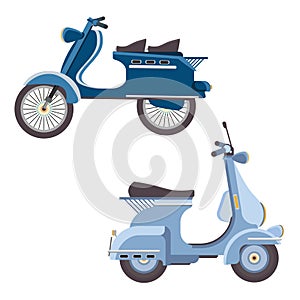 Retro scooter. Side view. Detailed image of an old motorcycle. Moped vector illustration isolated on white